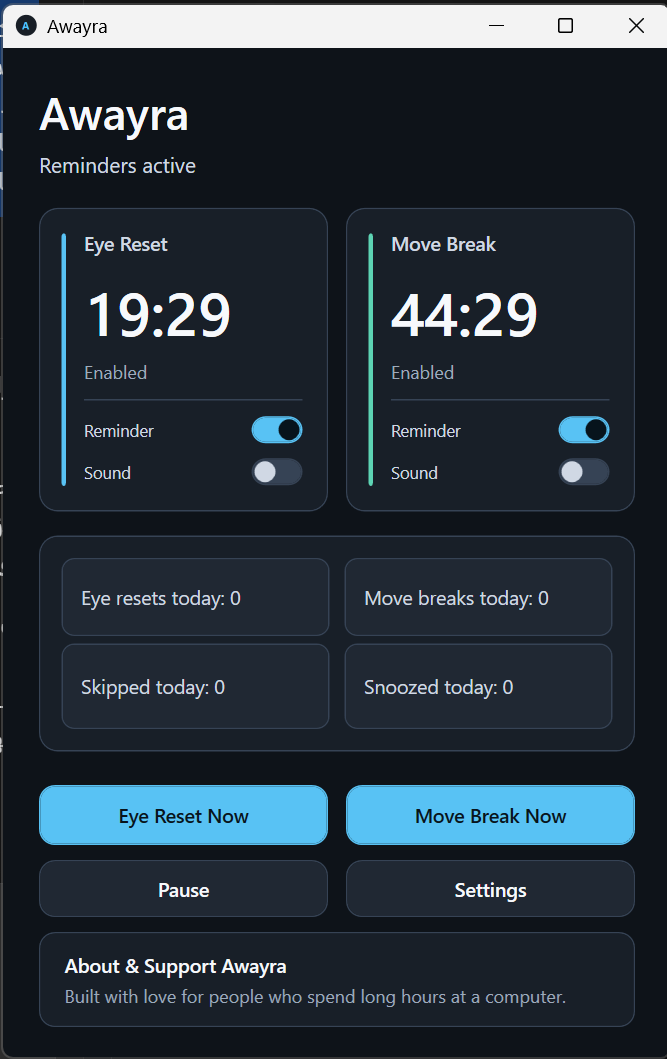 Awayra dashboard with separate Eye Reset and Move Break countdowns, reminder switches and daily statistics