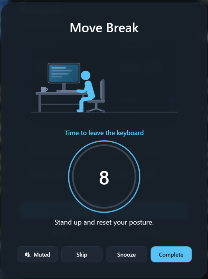 Move Break overlay showing a movement illustration, countdown and controls
