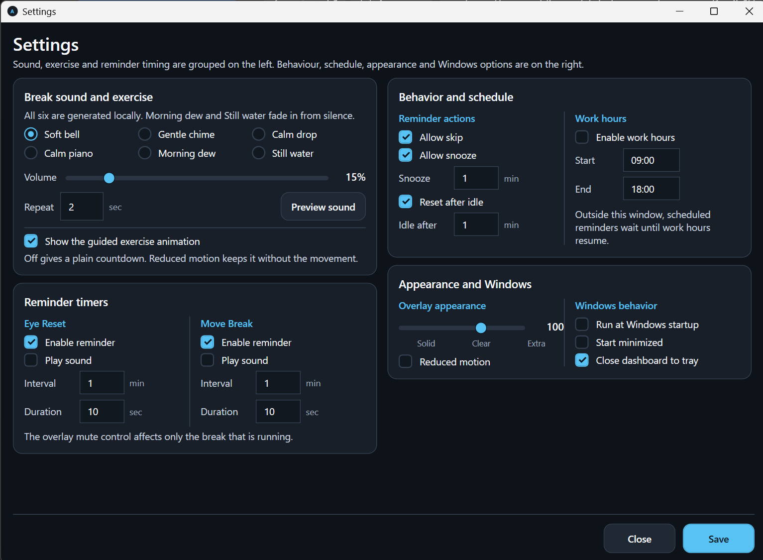 Settings showing separate Eye Reset and Move Break intervals, durations and sound checkboxes